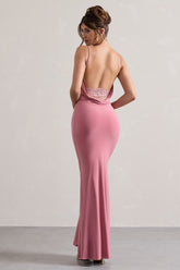 Blush Cowl Neck Backless Maxi Dress With Lace Insert
